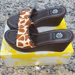 Yellow box leather wedges